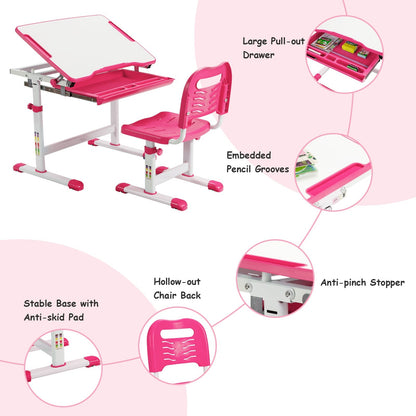 Height Adjustable Kids Study Table and Chair Set with Tilting Tabletop-Pink