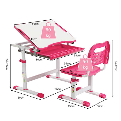 Height Adjustable Kids Study Table and Chair Set with Tilting Tabletop-Pink