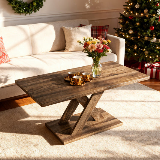 95CM Coffee Table with Stable Base and Rubber Wood Connection-Rustic Brown