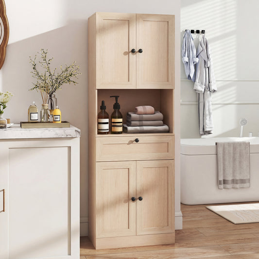 Tall Bathroom Cabinet Freestanding Storage Cabinet with 4 Doors and 1 Drawer-Natural