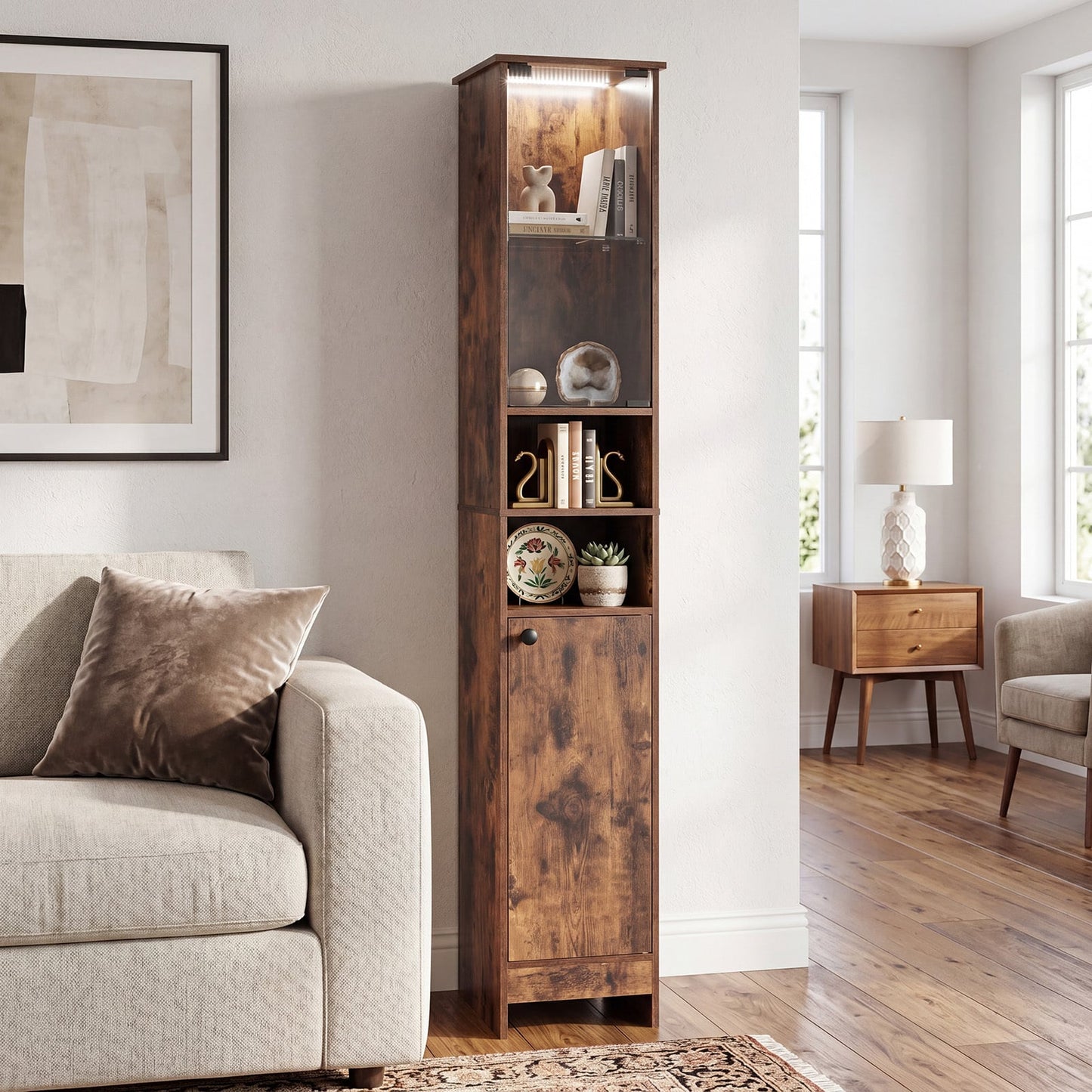 Tall Bathroom Cabinet with Lights Remote Control Open Shelves and Adjustable Shelves-Rustic Brown