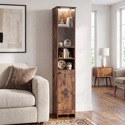Tall Bathroom Cabinet with Lights Remote Control Open Shelves and Adjustable Shelves-Rustic Brown