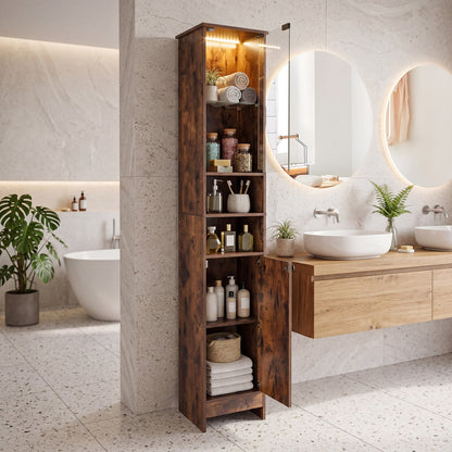 Tall Bathroom Cabinet with Lights Remote Control Open Shelves and Adjustable Shelves-Rustic Brown