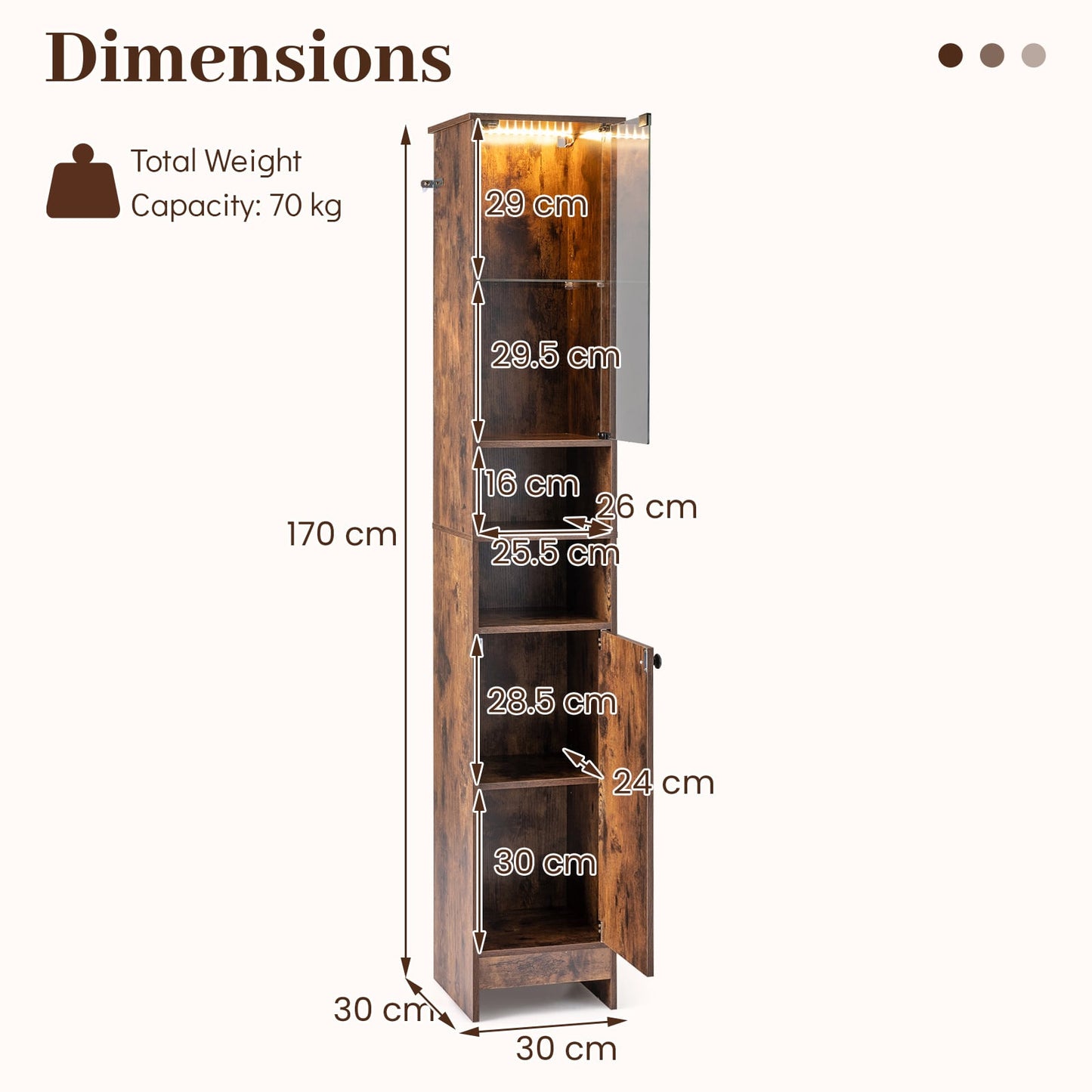 Tall Bathroom Cabinet with Lights Remote Control Open Shelves and Adjustable Shelves-Rustic Brown