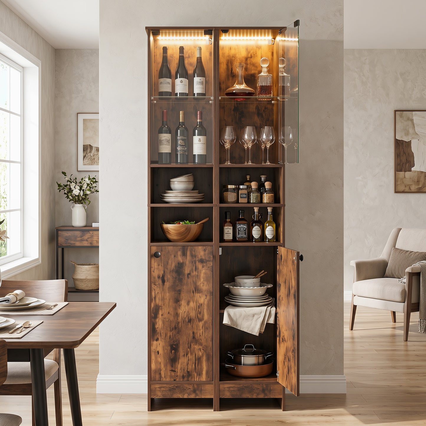 Tall Bathroom Cabinet with Lights Remote Control Open Shelves and Adjustable Shelves-Rustic Brown