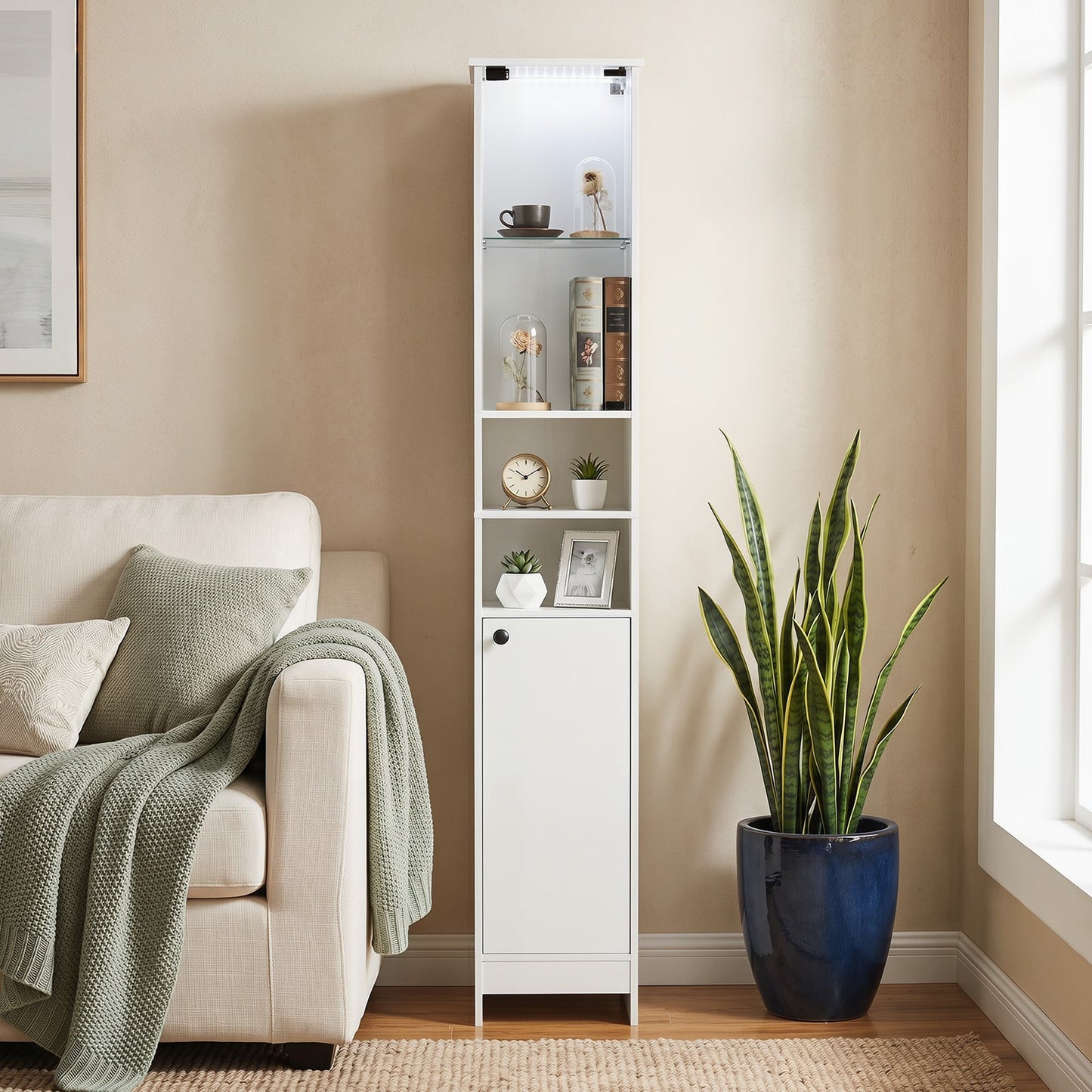 Tall Bathroom Cabinet with Lights Remote Control Open Shelves and Adjustable Shelves-White