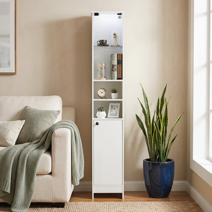 Tall Bathroom Cabinet with Lights Remote Control Open Shelves and Adjustable Shelves-White
