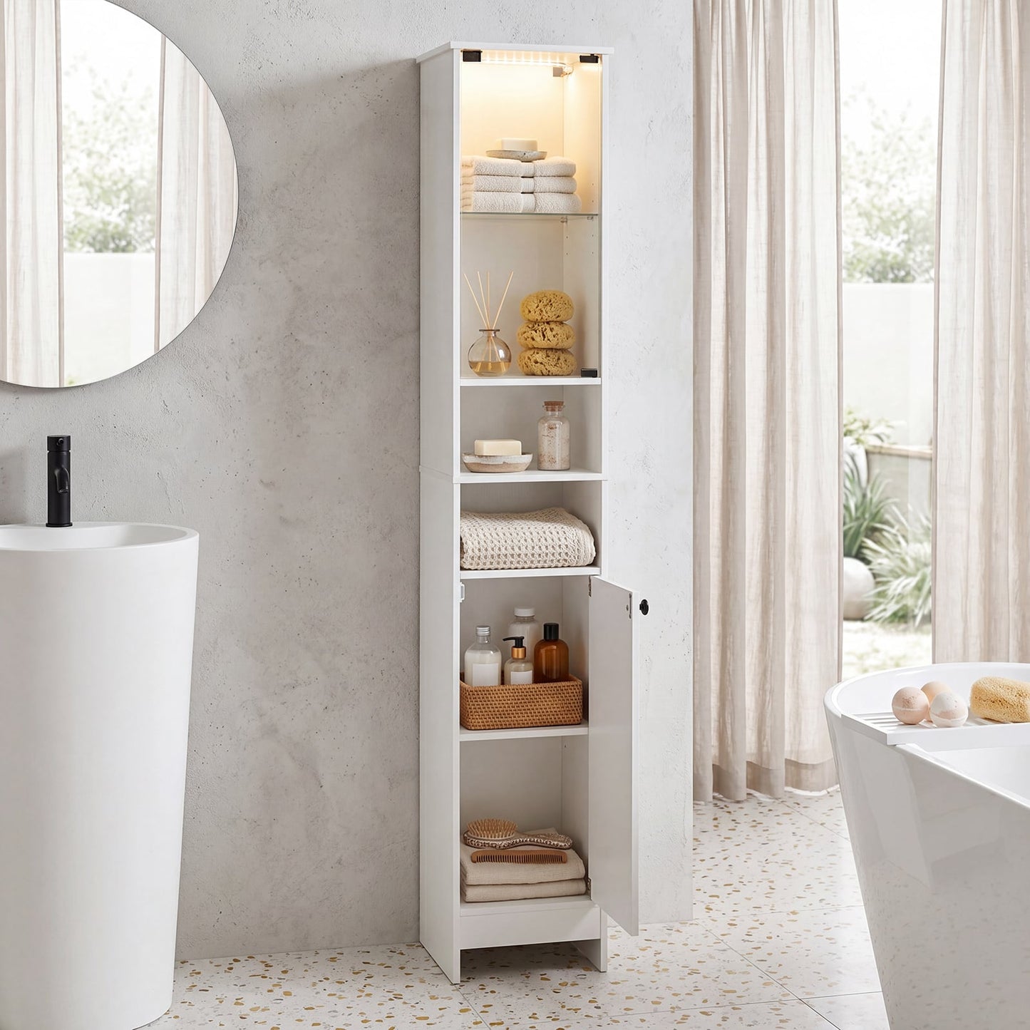 Tall Bathroom Cabinet with Lights Remote Control Open Shelves and Adjustable Shelves-White