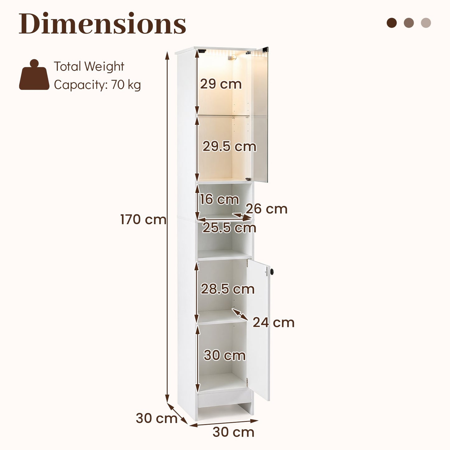 Tall Bathroom Cabinet with Lights Remote Control Open Shelves and Adjustable Shelves-White