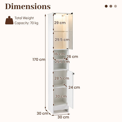 Tall Bathroom Cabinet with Lights Remote Control Open Shelves and Adjustable Shelves-White