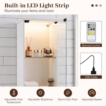 Tall Bathroom Cabinet with Lights Remote Control Open Shelves and Adjustable Shelves-White