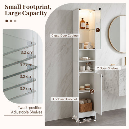 Tall Bathroom Cabinet with Lights Remote Control Open Shelves and Adjustable Shelves-White