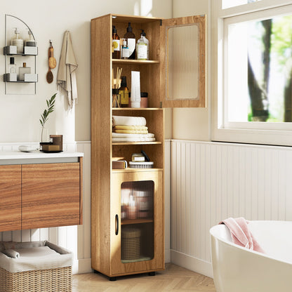 Tall Bathroom Storage Cabinet with Adjustable Shelf for Laundry-Natural