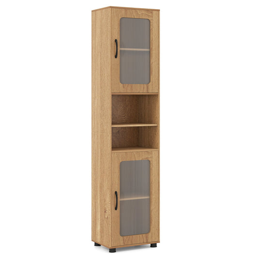 Tall Bathroom Storage Cabinet with Adjustable Shelf for Laundry-Natural