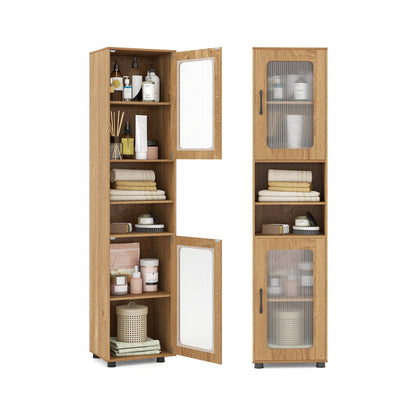 Tall Bathroom Storage Cabinet with Adjustable Shelf for Laundry-Natural