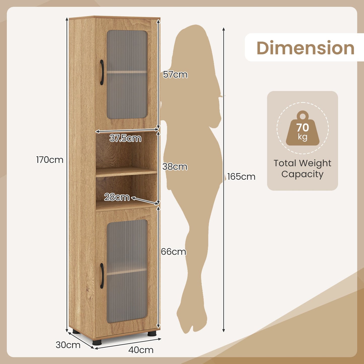 Tall Bathroom Storage Cabinet with Adjustable Shelf for Laundry-Natural