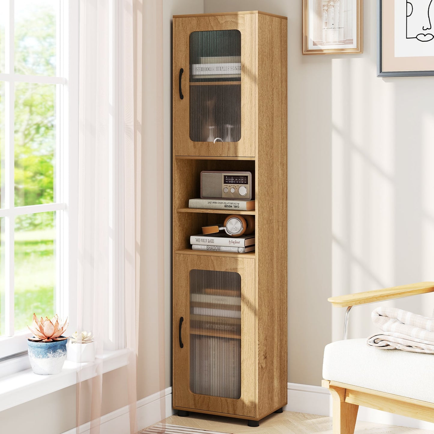 Tall Bathroom Storage Cabinet with Adjustable Shelf for Laundry-Natural