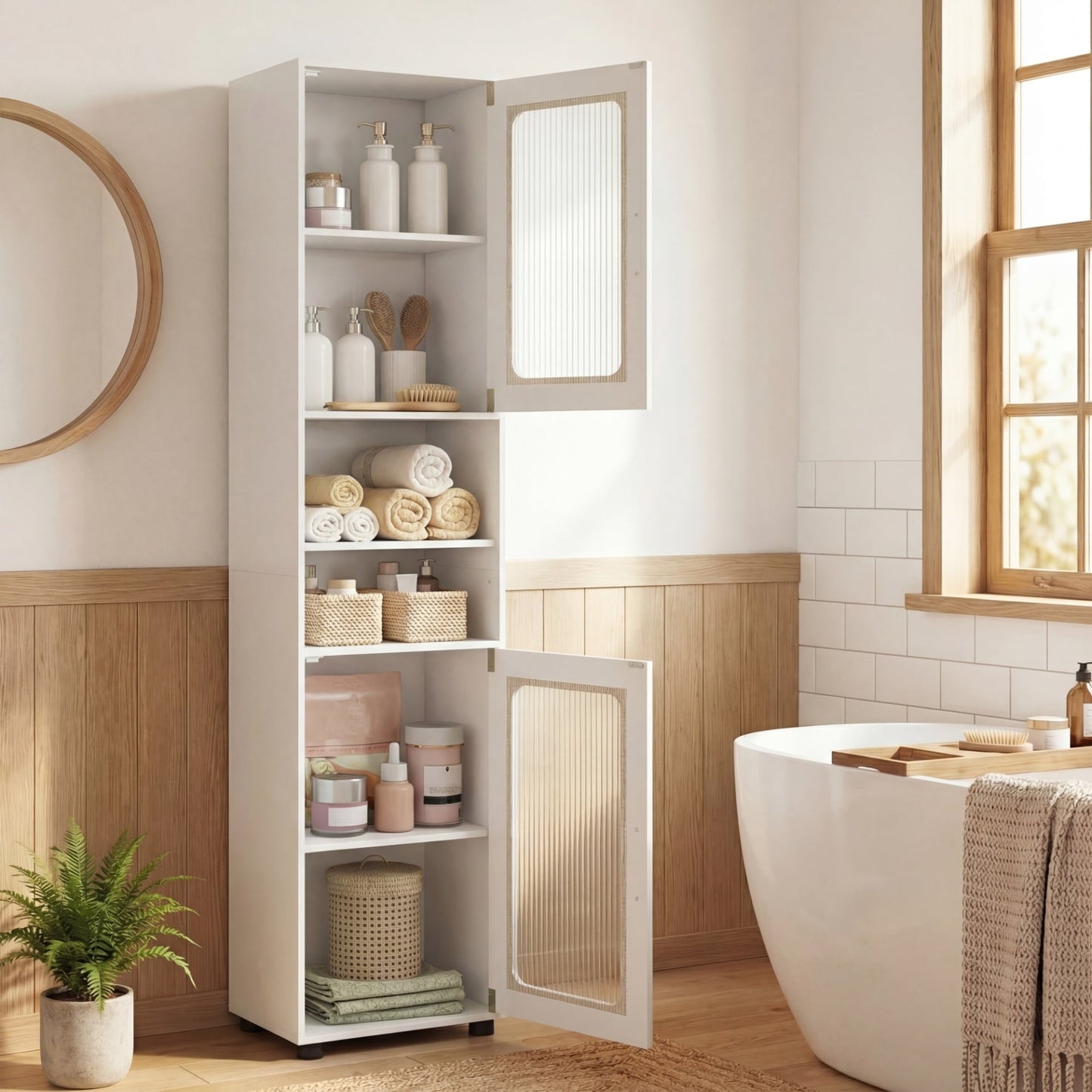 Tall Bathroom Storage Cabinet with Adjustable Shelf for Laundry-White