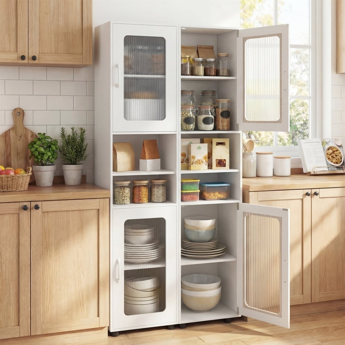 Tall Bathroom Storage Cabinet with Adjustable Shelf for Laundry-White