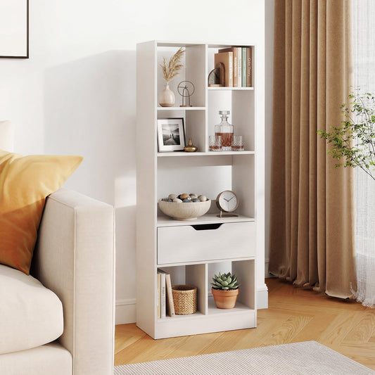 Tall Freestanding Bookshelf with 7 Open Cubes and Anti-toppling Kits for Living Room-White