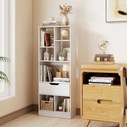 Tall Freestanding Bookshelf with 7 Open Cubes and Anti-toppling Kits for Living Room-White
