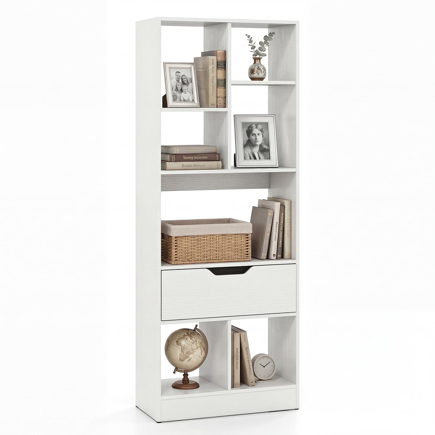 Tall Freestanding Bookshelf with 7 Open Cubes and Anti-toppling Kits for Living Room-White