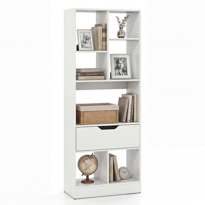 Tall Freestanding Bookshelf with 7 Open Cubes and Anti-toppling Kits for Living Room-White