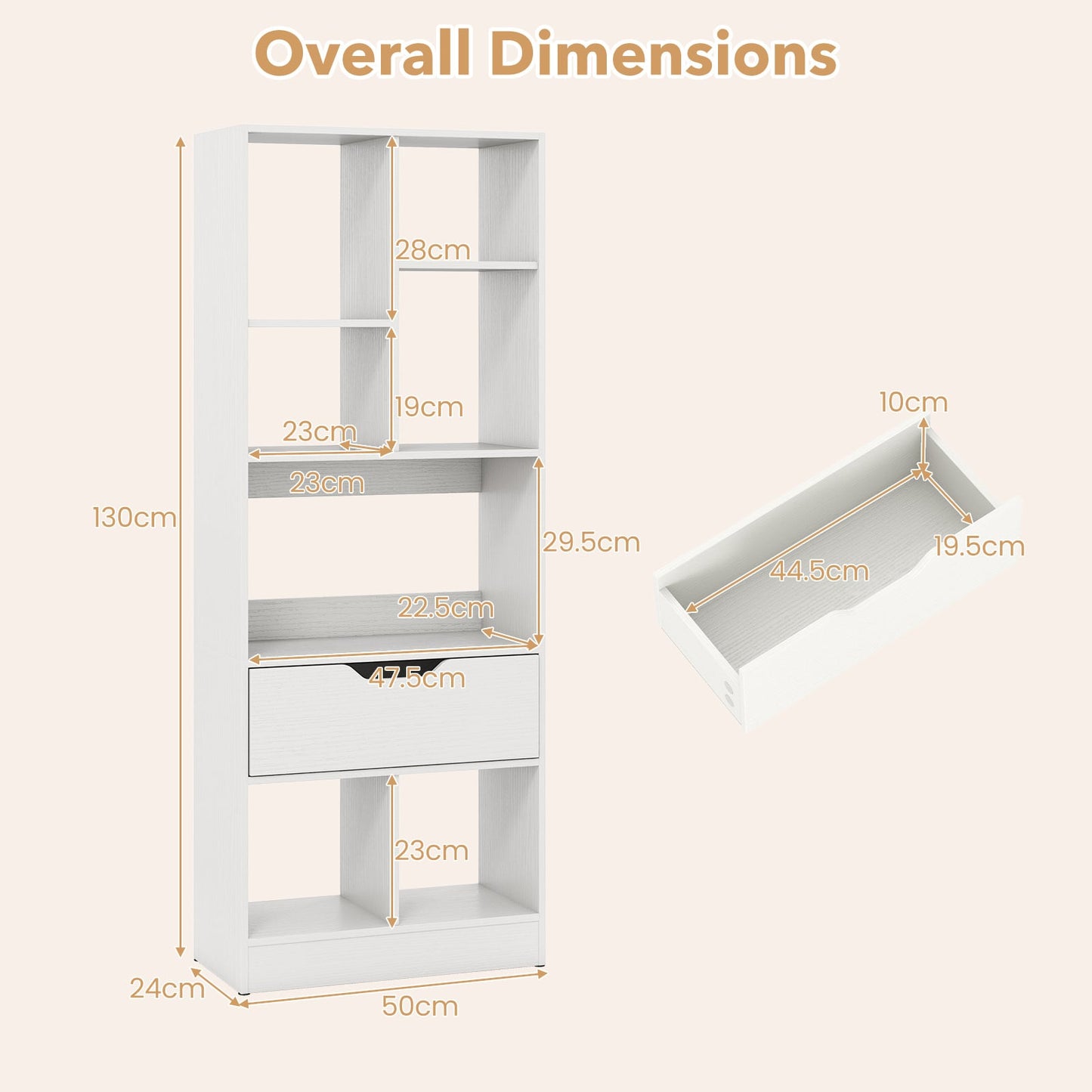 Tall Freestanding Bookshelf with 7 Open Cubes and Anti-toppling Kits for Living Room-White