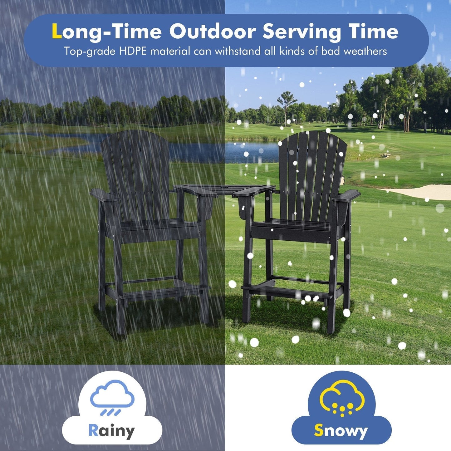 Tall Adirondack Chair Set of 2 with Middle Connecting Tray-Black