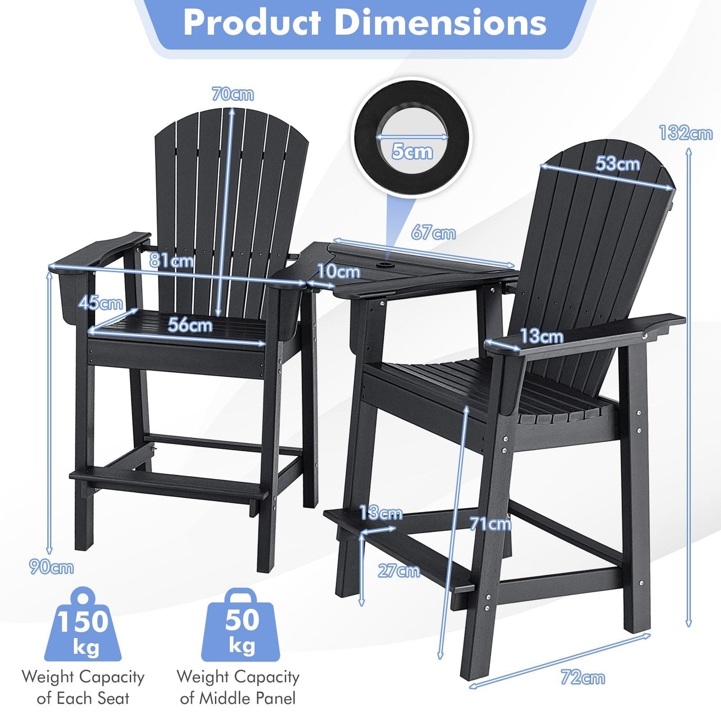 Tall Adirondack Chair Set of 2 with Middle Connecting Tray-Black