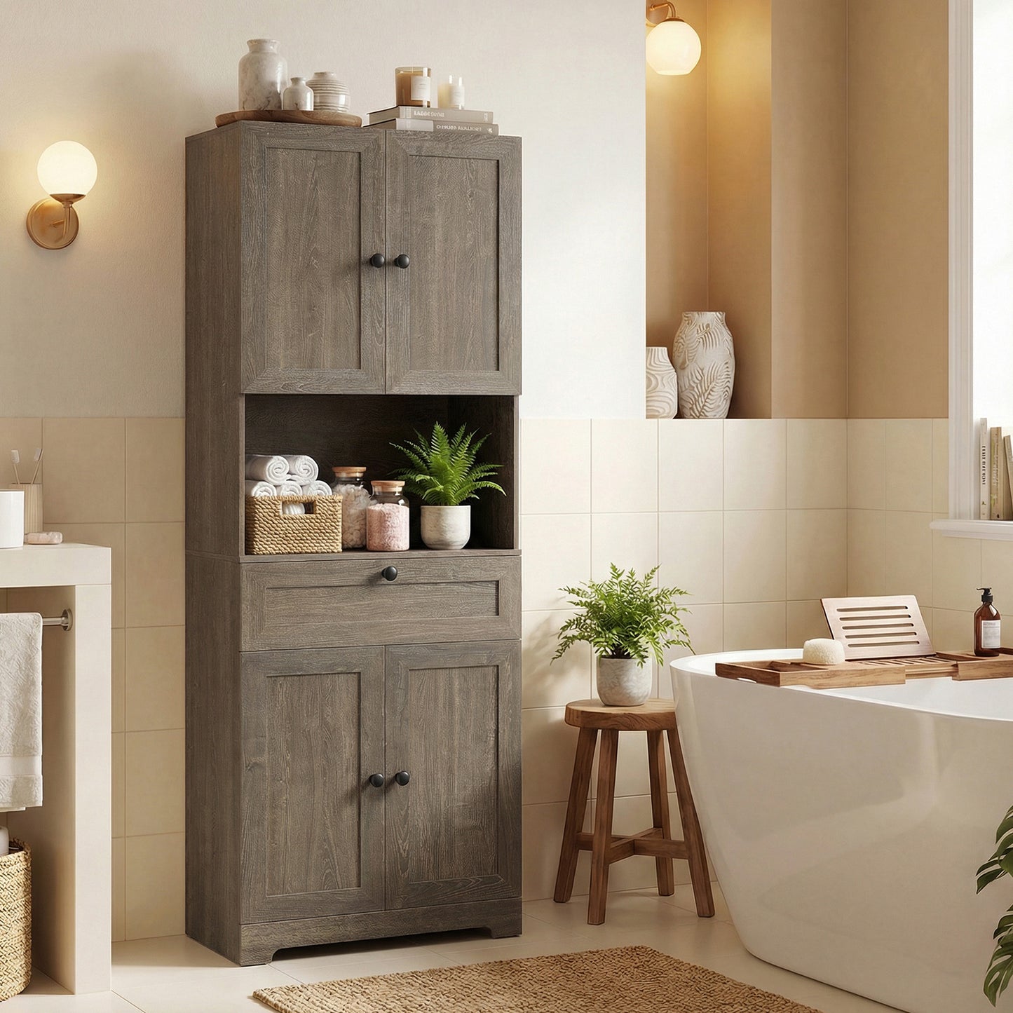 Tall Bathroom Cabinet Freestanding Storage Cabinet with 4 Doors and 1 Drawer-Grey