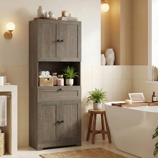 Tall Bathroom Cabinet Freestanding Storage Cabinet with 4 Doors and 1 Drawer-Grey
