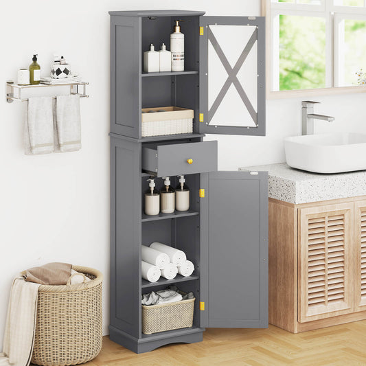 Tall Bathroom Cabinet with Drawer 2 Doors and 3 Adjustable Shelves-Grey