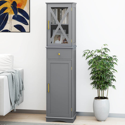 Tall Bathroom Cabinet with Drawer 2 Doors and 3 Adjustable Shelves-Grey
