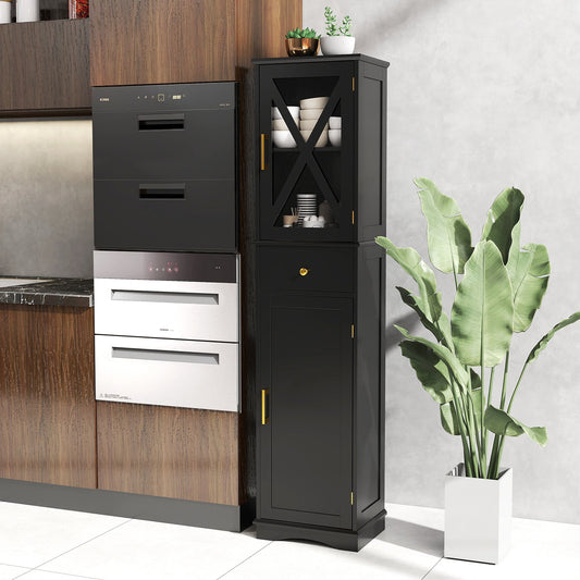 Tall Bathroom Cabinet with Drawer 2 Doors and 3 Adjustable Shelves-Black