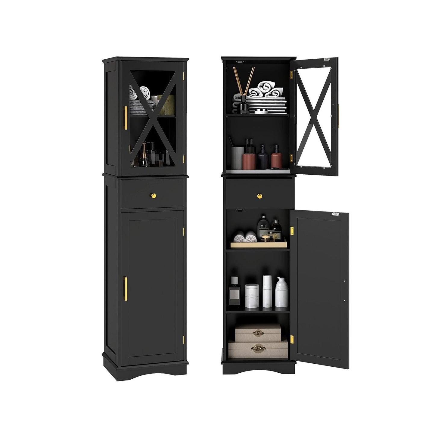 Tall Bathroom Cabinet with Drawer 2 Doors and 3 Adjustable Shelves-Black