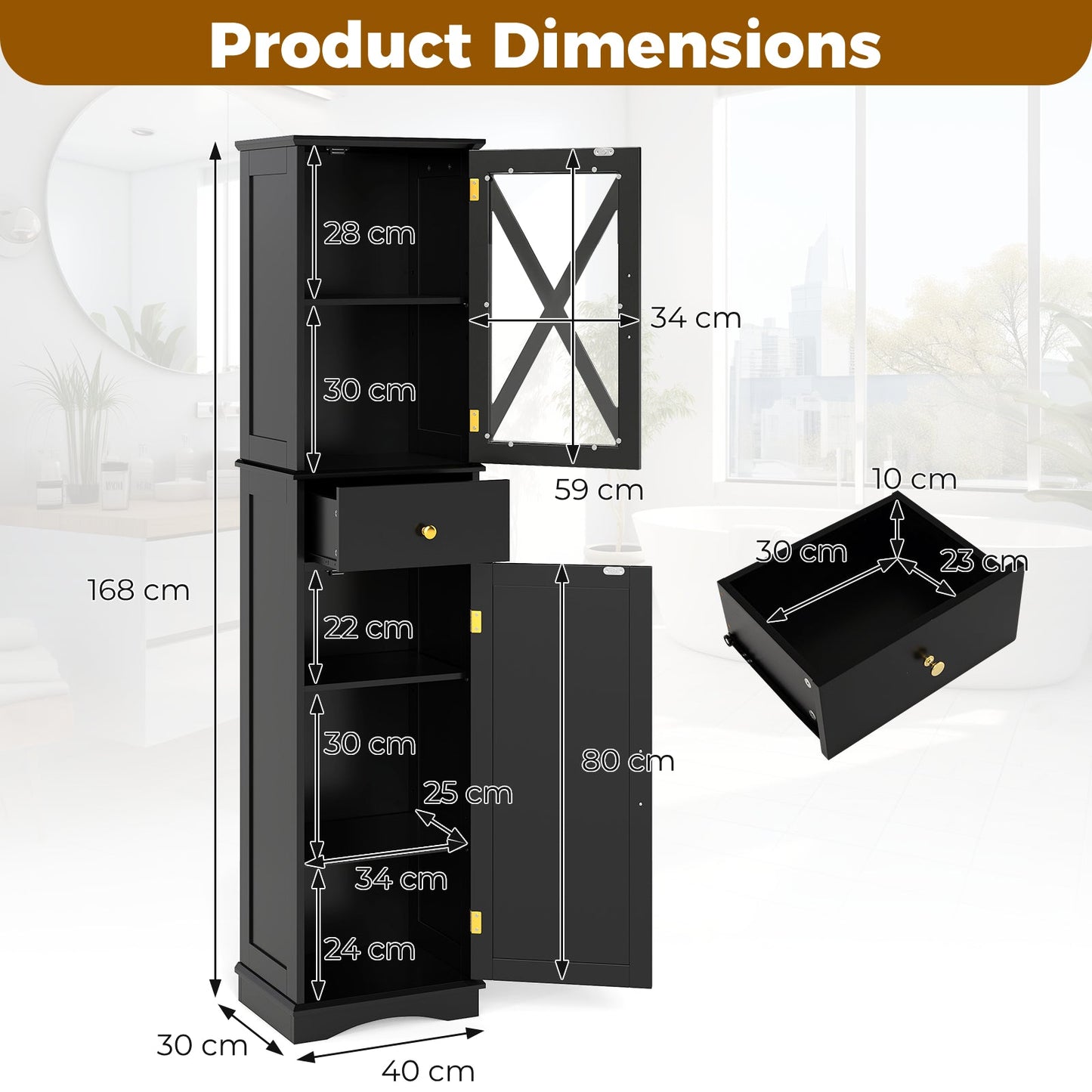 Tall Bathroom Cabinet with Drawer 2 Doors and 3 Adjustable Shelves-Black