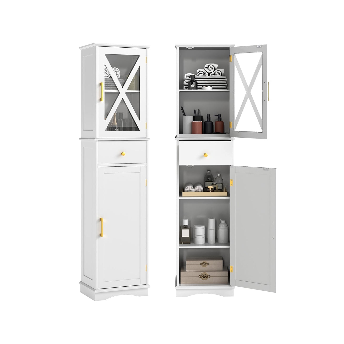 Tall Bathroom Cabinet with Drawer 2 Doors and 3 Adjustable Shelves-White