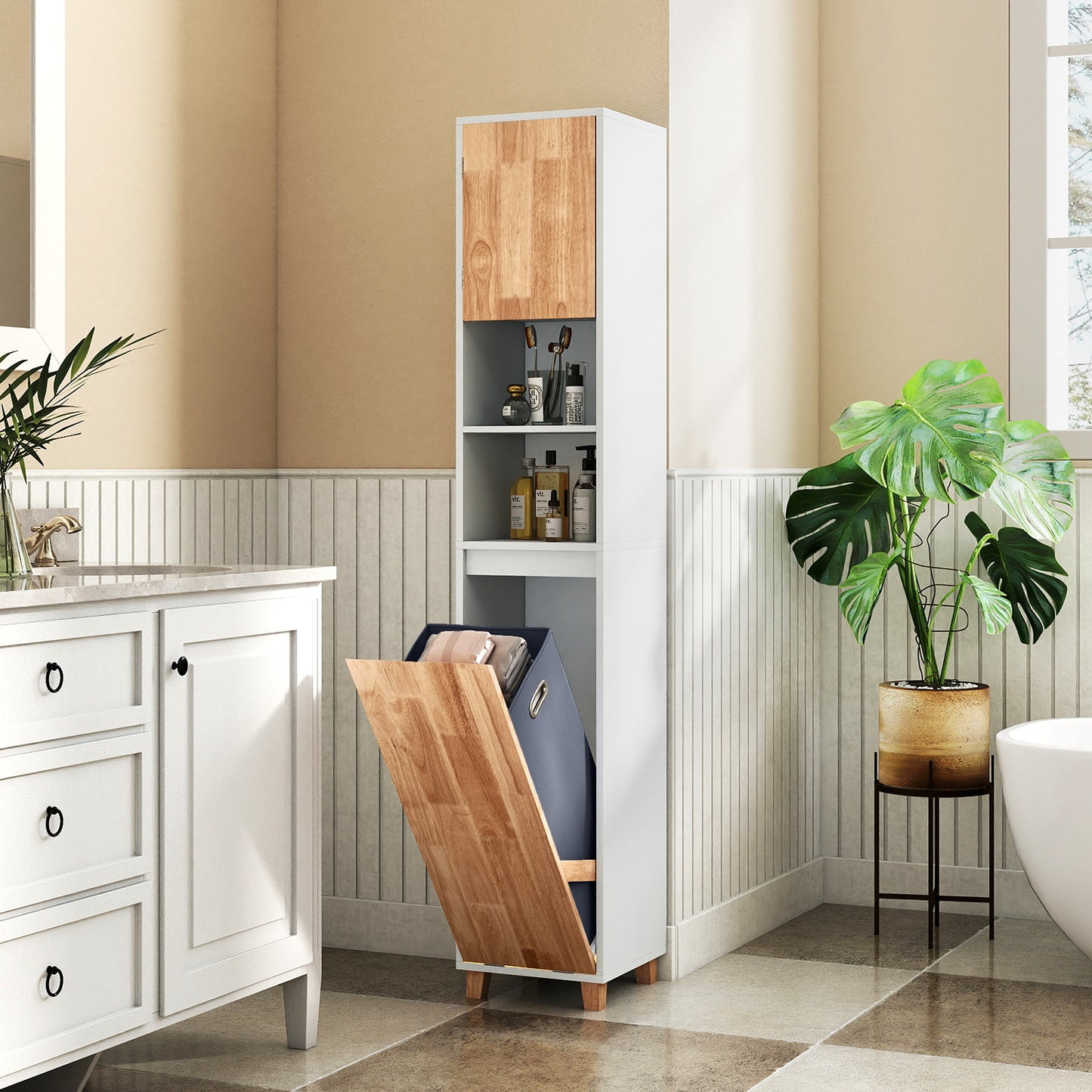 Tall Bathroom Storage Organizer Unit with Rubber Wood Doors-White