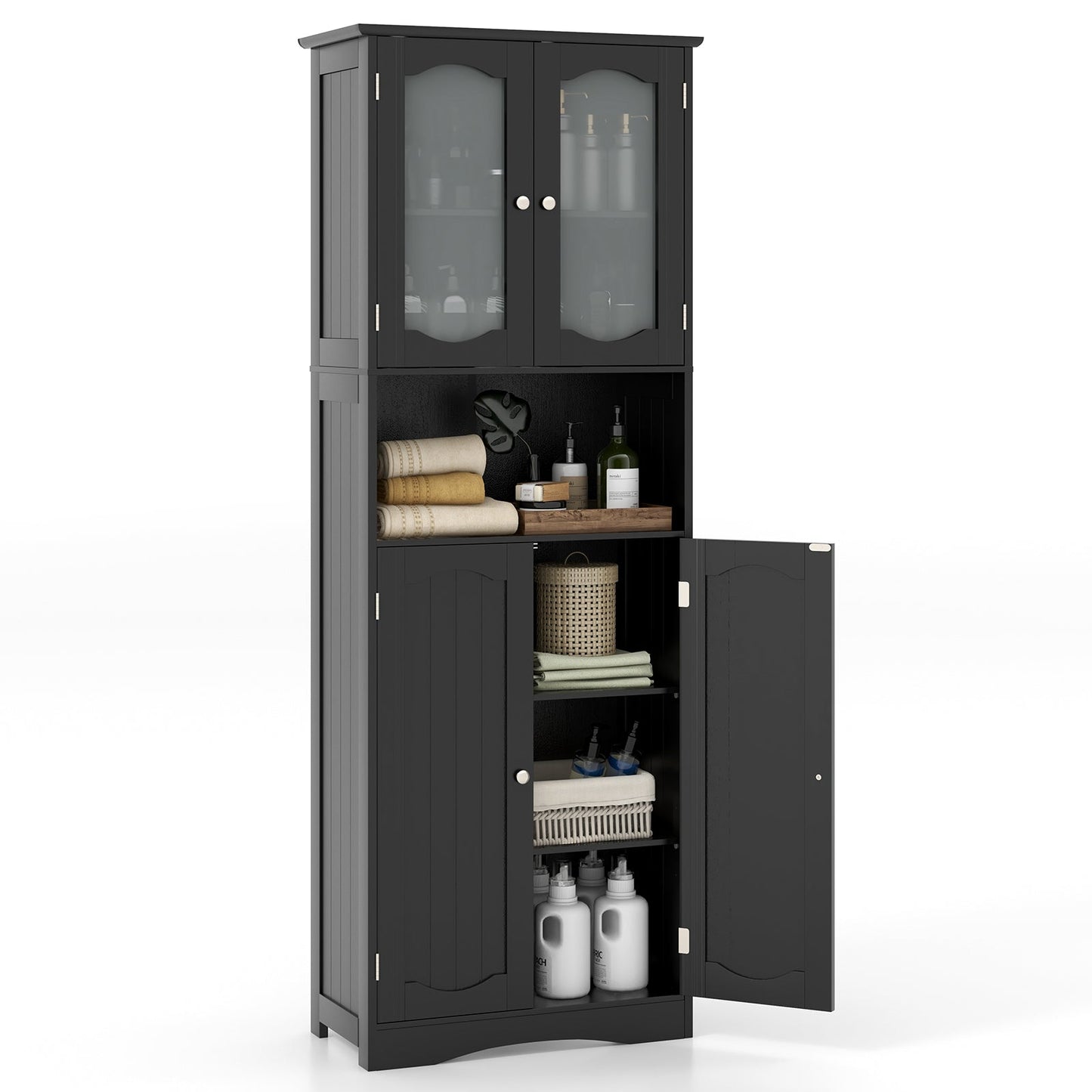 Tempered Glass Door Pantry Cabinet with 3-Position Adjustable Shelves-Black