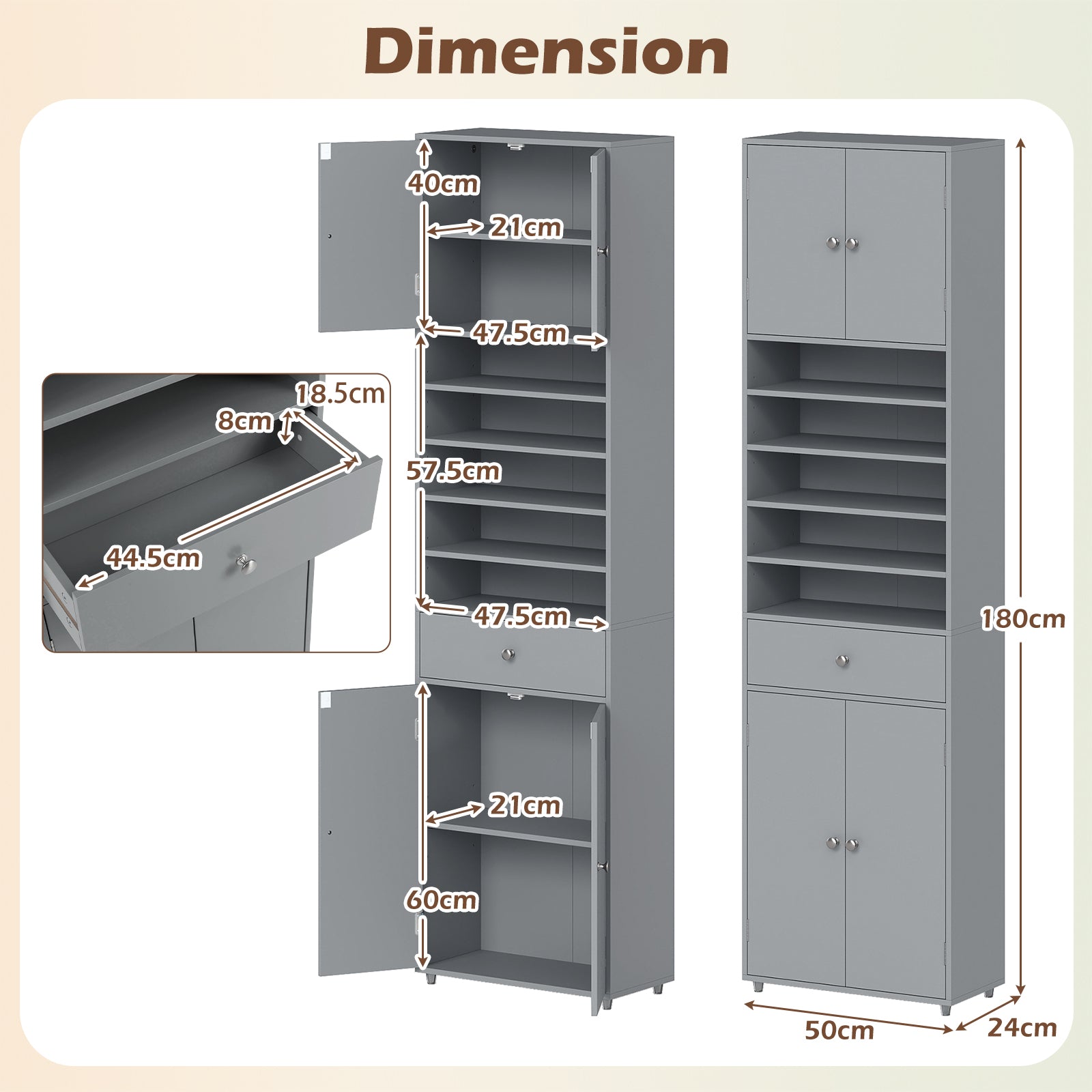 Tall Bathroom Storage Cabinet with Drawer and Adjustable Shelves-Grey