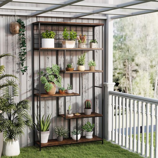 6-tier Tall Bookshelf with Metal Net for Living Room-Rustic Brown