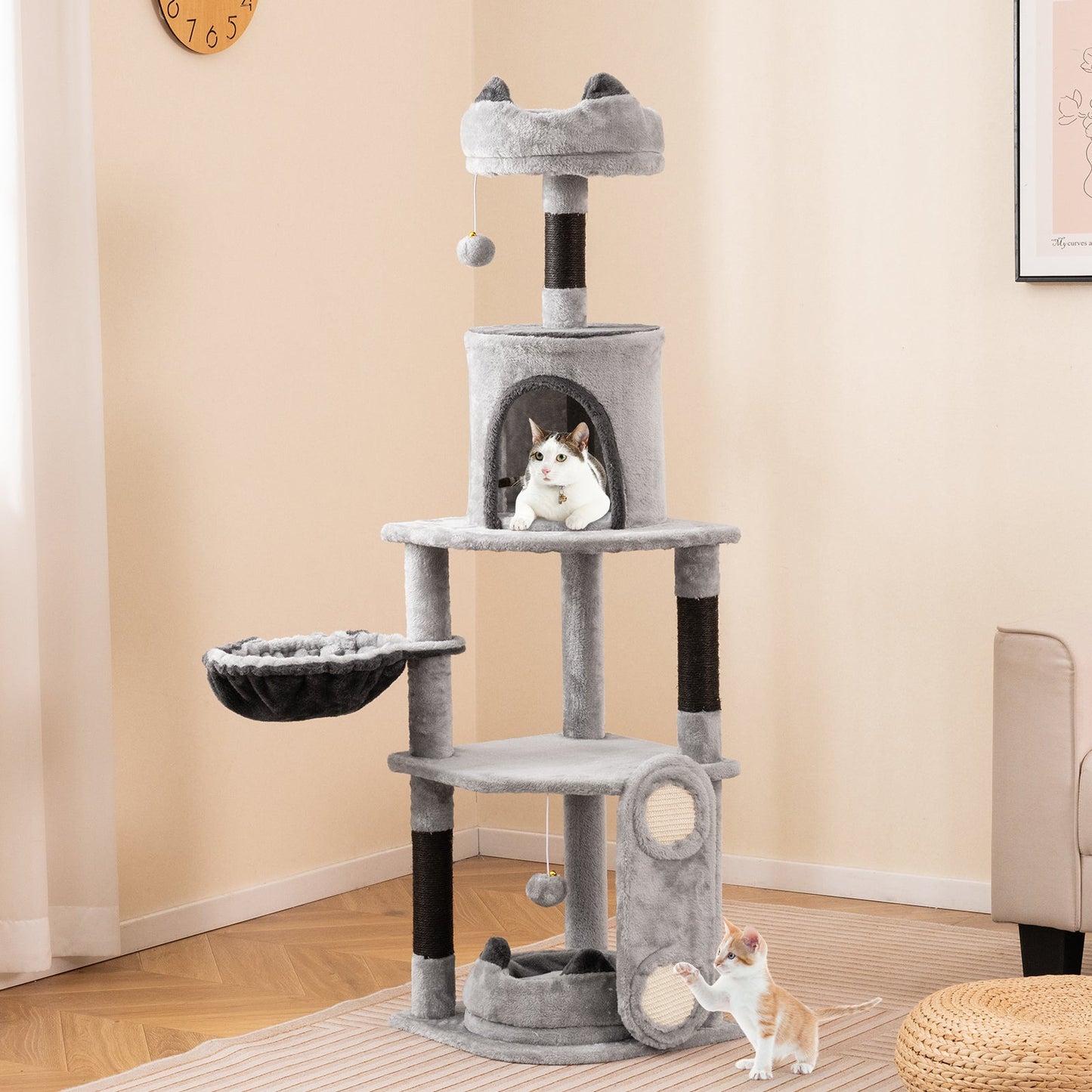 Multi-level Large Cat Tree with Sisal Scratching Posts and Board Condo-Grey