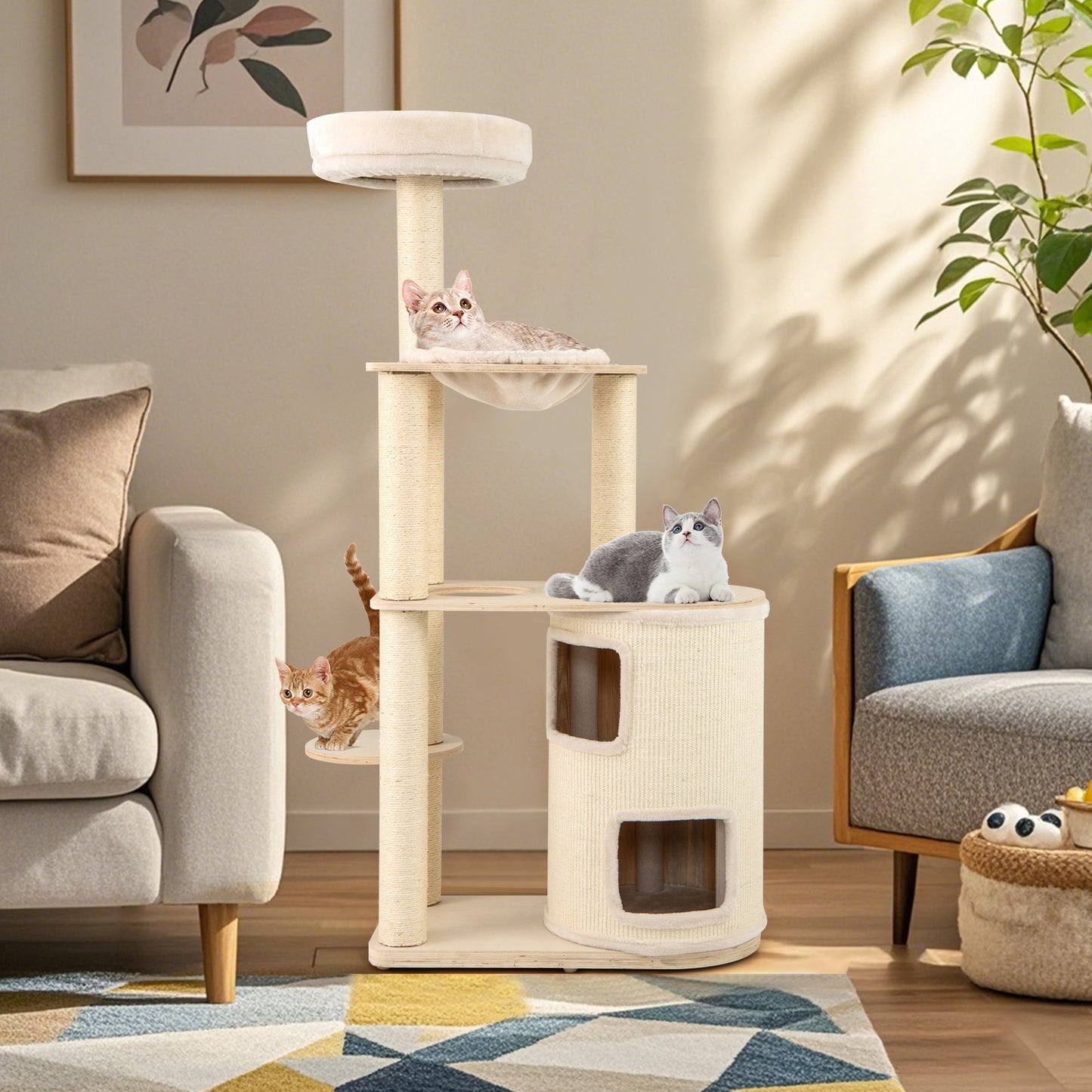 Tall Cat Tree for Indoor Cats Modern Wood Cat Tower with 2-Story Condo-Natural