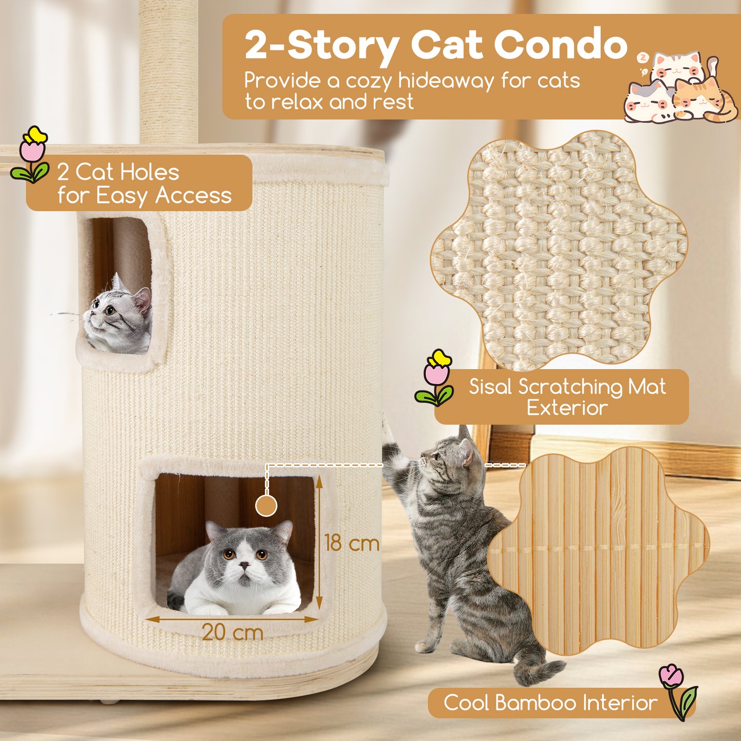 Tall Cat Tree for Indoor Cats Modern Wood Cat Tower with 2-Story Condo-Natural