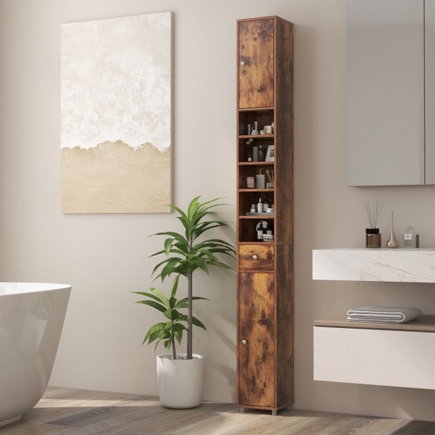 Bathroom cabinet tall cabinet narrow bathroom cabinet with 2 doors 20 x 20 x 180 cm brown