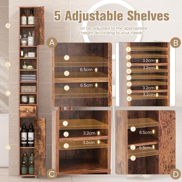 Bathroom cabinet tall cabinet narrow bathroom cabinet with 2 doors 20 x 20 x 180 cm brown