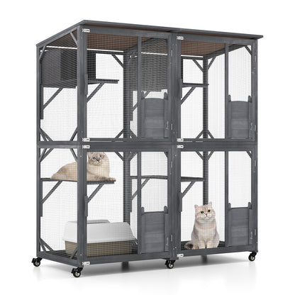 182 cm Tall Large Wooden Cat House with 4 Platforms and 2 Resting Boxes-Grey
