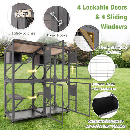 182 cm Tall Large Wooden Cat House with 4 Platforms and 2 Resting Boxes-Grey