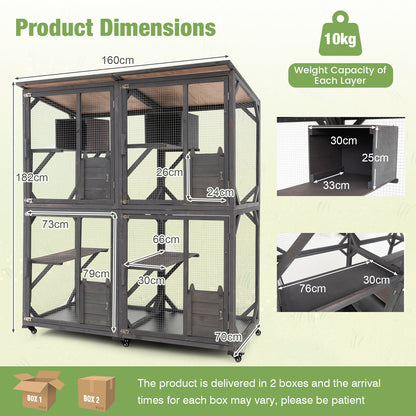 182 cm Tall Large Wooden Cat House with 4 Platforms and 2 Resting Boxes-Grey